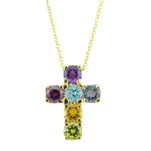 Multi-Color Accented Gemstone Cross Pendant in 14K Yellow Gold - Chain Not Included