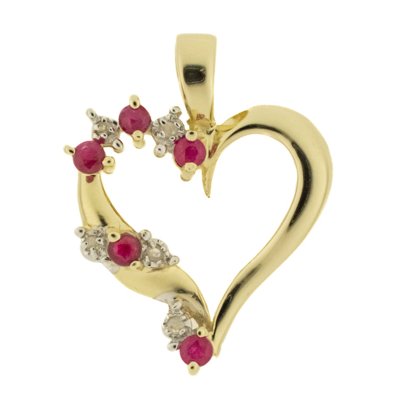 Ruby & Diamond Accented Heart Pendant on 17" Fine Rope Chain in 14K Yellow Gold