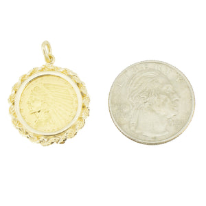 1908 American Indian Head $2 1/2 Coin .90 Gold Pendant w/ 14K Yellow Gold Bezel - 6.9 grams