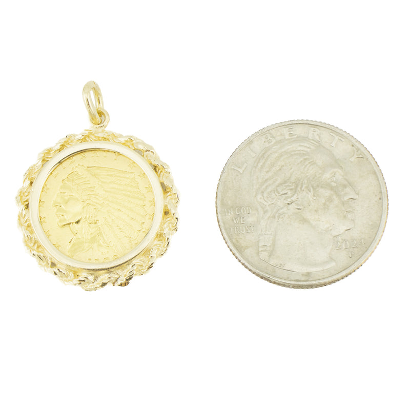 1908 American Indian Head $2 1/2 Coin .90 Gold Pendant w/ 14K Yellow Gold Bezel - 6.9 grams