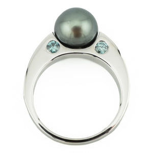 9mm Tahitian Black Pearl and Blue Diamond Accents Ring in 14K White Gold - Size 6.5