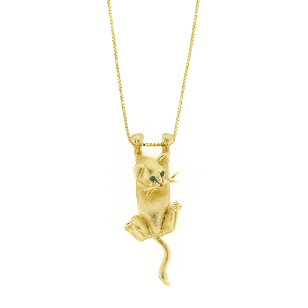 Jack Slack Cat Pendant with Emerald Eyes on 20" Chain Necklace in 14 Yellow Gold