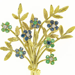 Diamond, Emerald Blue Topaz and Sapphire Flowers Brooch in 18K Yellow Gold