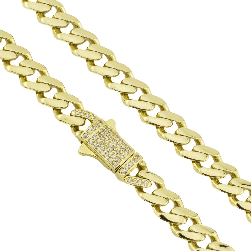 7mm Wide Hollow Curb 18" Chain w/ Cubic Zirconia Accents in 10K Yellow Gold - 19.6 grams