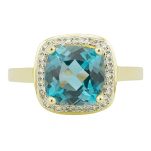 2.3ctw Cushion Blue Topaz w/ Diamond Accents Ring in 14K Yellow Gold - Size 8.25