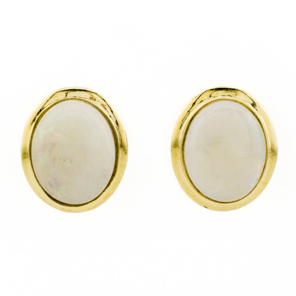 Oval Cabochon Opal Solitaire Earrings in 14K Yellow Gold