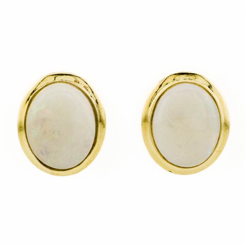 Oval Cabochon Opal Solitaire Earrings in 14K Yellow Gold