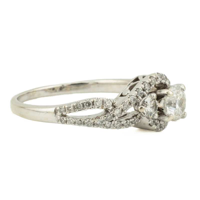 0.64ctw Round Diamond Three Stone w/ 0.49ctw Accented Engagement Ring 14K White Gold - Size 7.5