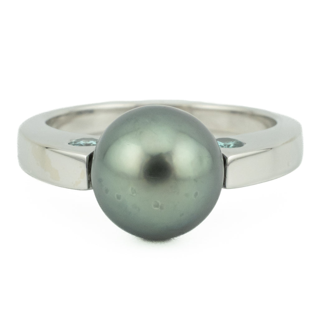 9mm Tahitian Black Pearl and Blue Diamond Accents Ring in 14K White Gold - Size 6.5