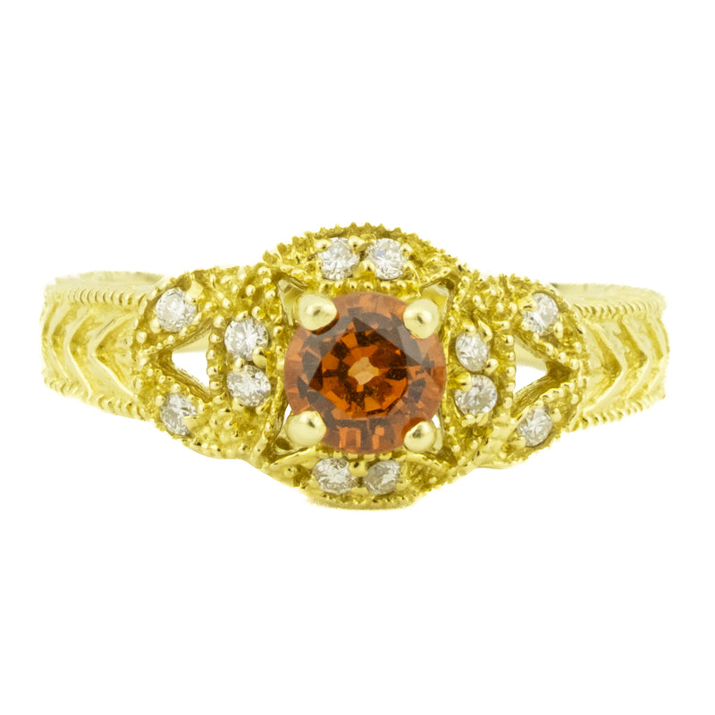 0.91ctw Round Orange Padparadscha Sapphire & Diamond Accented Ring in 18K Yellow Gold - Size 8