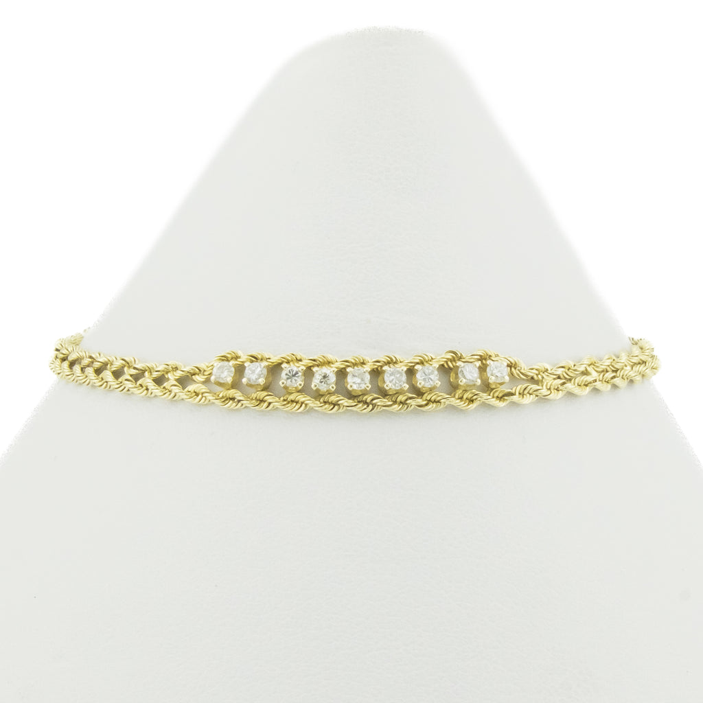 0.25ctw Diamond Accented 7" Rope Bracelet in 14K Yellow Gold - 3.9 Grams