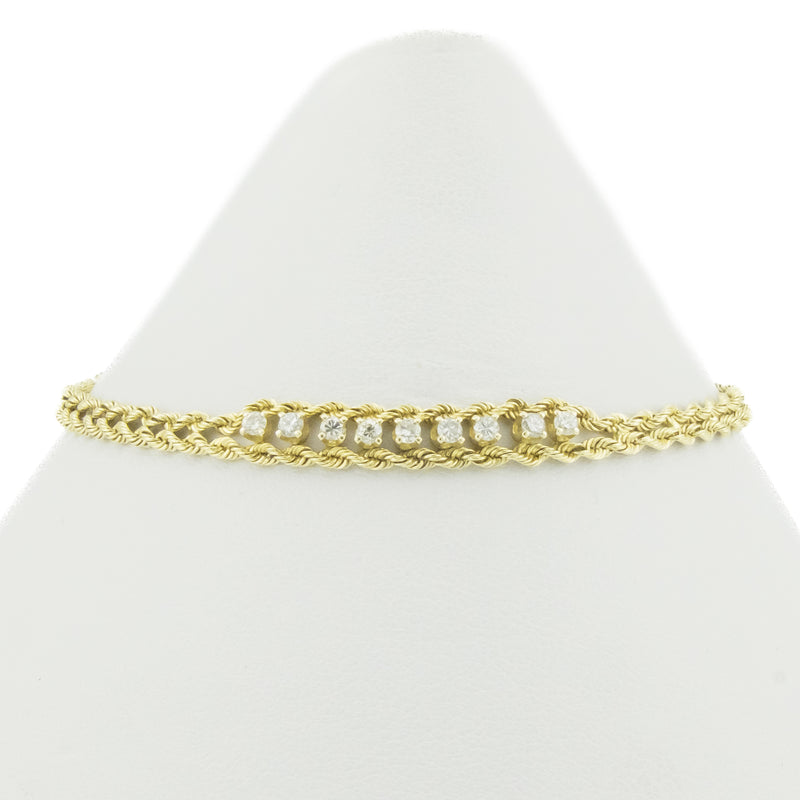 0.25ctw Diamond Accented 7" Rope Bracelet in 14K Yellow Gold - 3.9 Grams