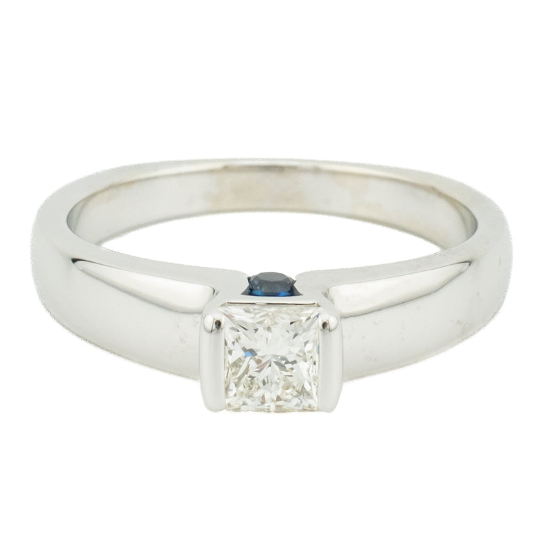 0.50cwt Princess Cut Diamond J/SI2 & Sapphire Accented Engagement Ring in 14K White Gold - Size 7.75