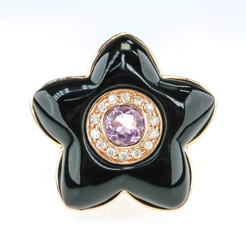 0.40ct Amethyst w/ Diamond Halo Accents Flower Shaped Onyx Ring in 14K Rose Gold