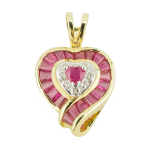 Ruby & Diamond Accented Heart Pendant in 14K Yellow Gold - No Chain Included