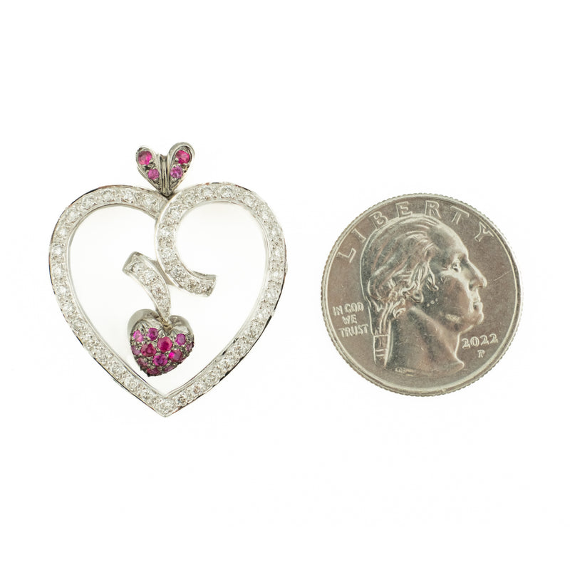 Diamond and Ruby Accented Heart Pendant Charm in 18K White Gold - No Chain Included