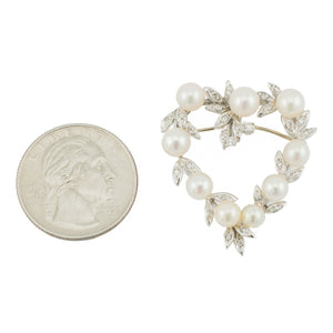 Pearl and Diamond Heart Brooch in 14K White Gold - 7.40 Grams