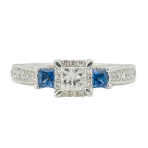 0.30cwt Princess Cut Diamond L/I1 & Sapphire Accented Engagement Ring in 14K White Gold- Size 6.75