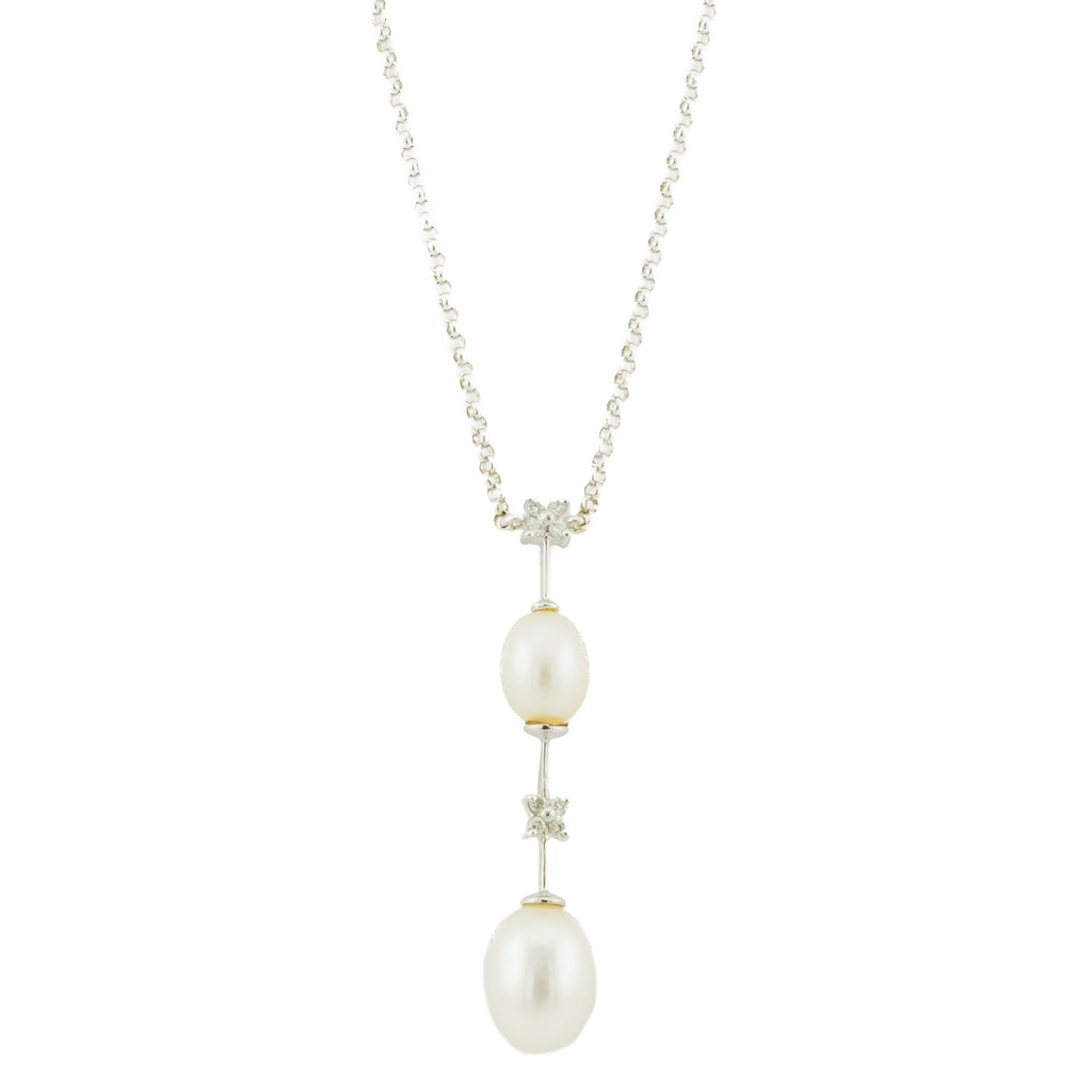 Pearls and Diamond Drop Pendant with 16" Chain in 14K White Gold - 4.7 Grams
