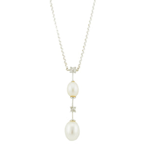 Pearls and Diamond Drop Pendant with 16" Chain in 14K White Gold - 4.7 Grams