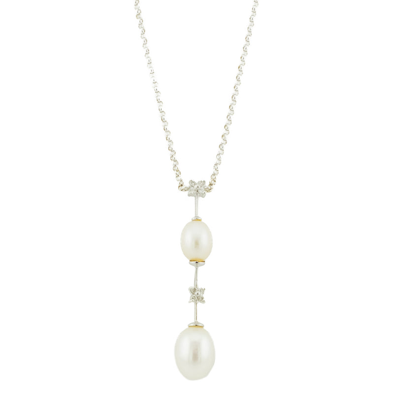 Pearls and Diamond Drop Pendant with 16" Chain in 14K White Gold - 4.7 Grams