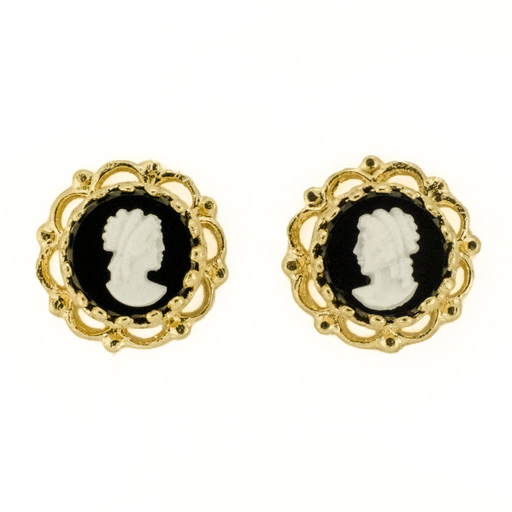 Black and White Cameo Earrings in 10K Yellow Gold