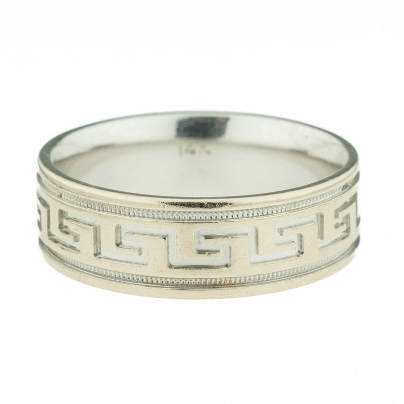 6.5mm Wide Greek Key Design Wedding Ring in 14K White Gold - Size 8.5