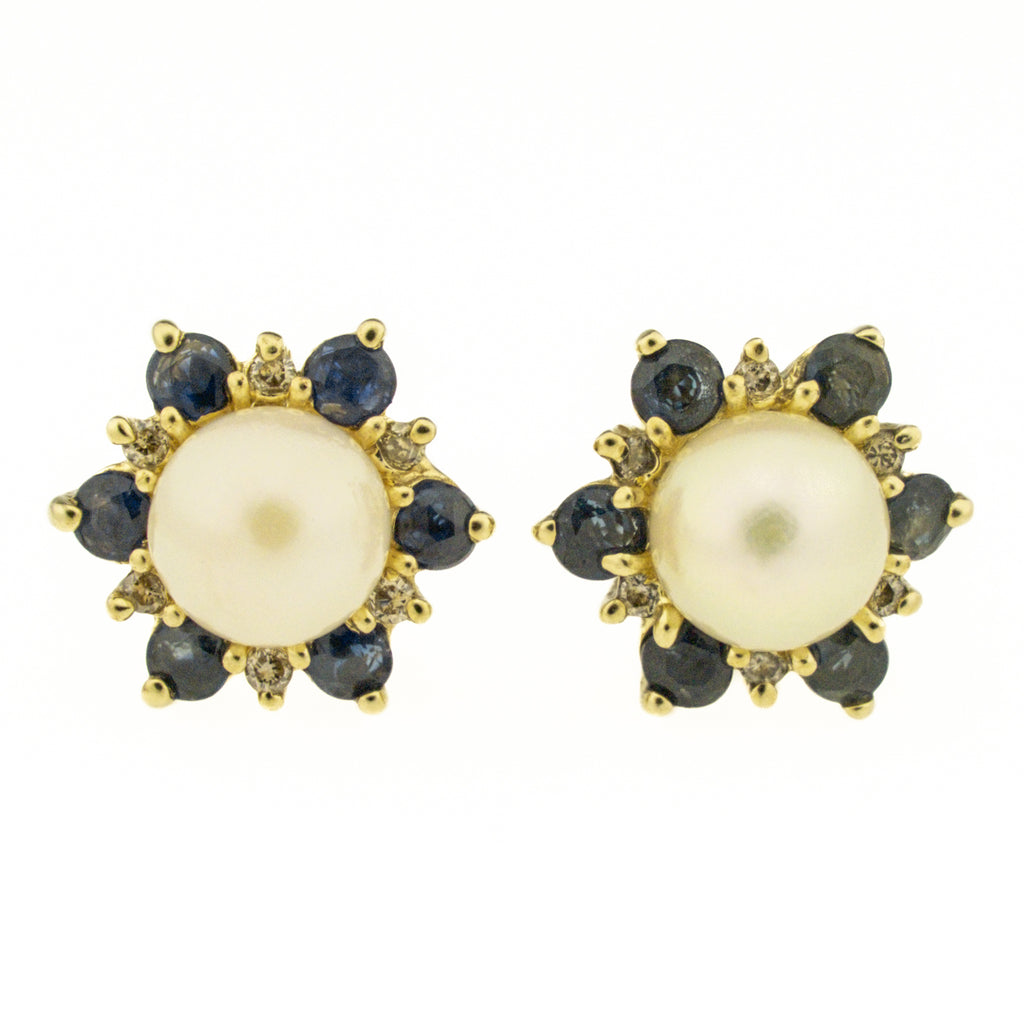 6.7mm Pearl, Sapphire and Diamond Accented Gold Earrings in 10K Yellow Gold