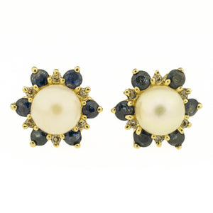 6.7mm Pearl, Sapphire and Diamond Accented Gold Earrings in 10K Yellow Gold