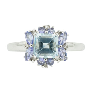 0.95ctw Princess Cut Aquamarine & Tanzanite Accented Gemstone Ring in 14K White Gold - Size 7