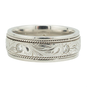 0.50ctw Diamond Accented Hand-Engraved Band Ring in 14K White Gold - Size 10.5