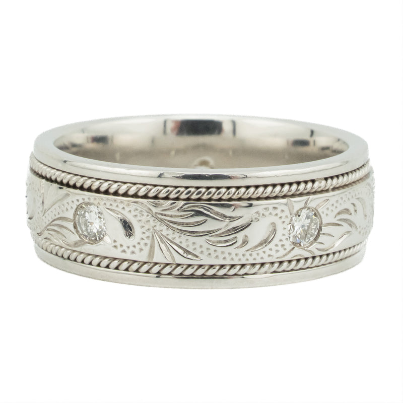 0.50ctw Diamond Accented Hand-Engraved Band Ring in 14K White Gold - Size 10.5