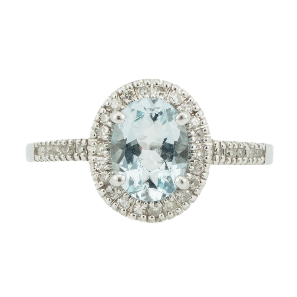 0.90ct Oval Aquamarine w/ 0.15ct Diamond Accents Gemstone Ring in 14K White Gold - Size 6.75