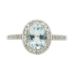 0.90ct Oval Aquamarine w/ 0.15ct Diamond Accents Gemstone Ring in 14K White Gold - Size 6.75