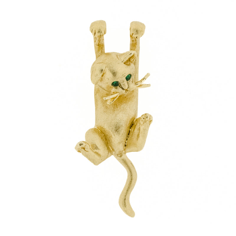 Jack Slack Cat Pendant with Emerald Eyes on 20" Chain Necklace in 14 Yellow Gold