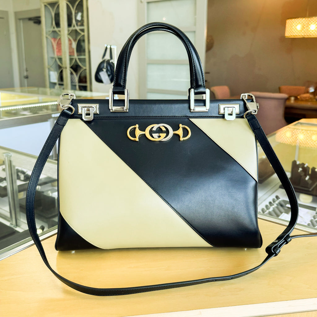 Gucci Smooth Calfskin Diagonal Striped Medium Zumi Top Handle Bag Black & Beige