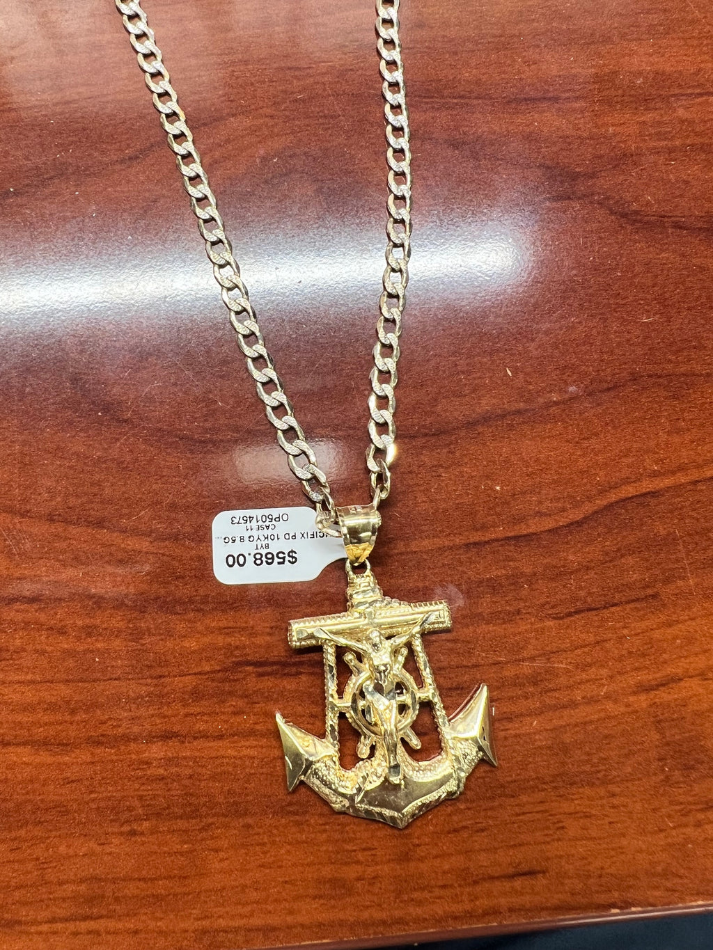 10kyg Curb chain with Anchor Crucifix Pendant