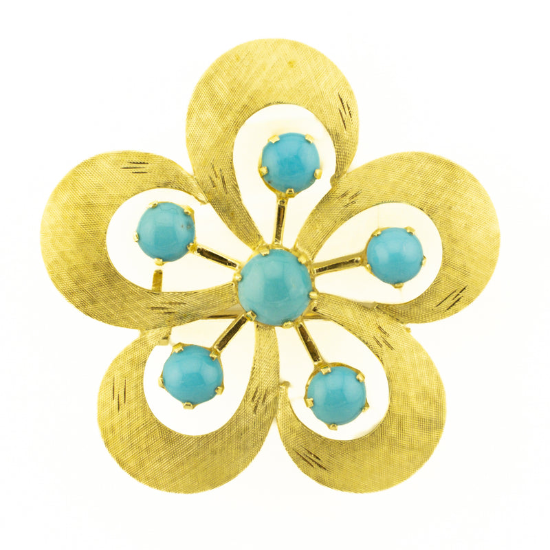 2.16ctw Turquoise Flower Brooch in 14K Yellow Gold