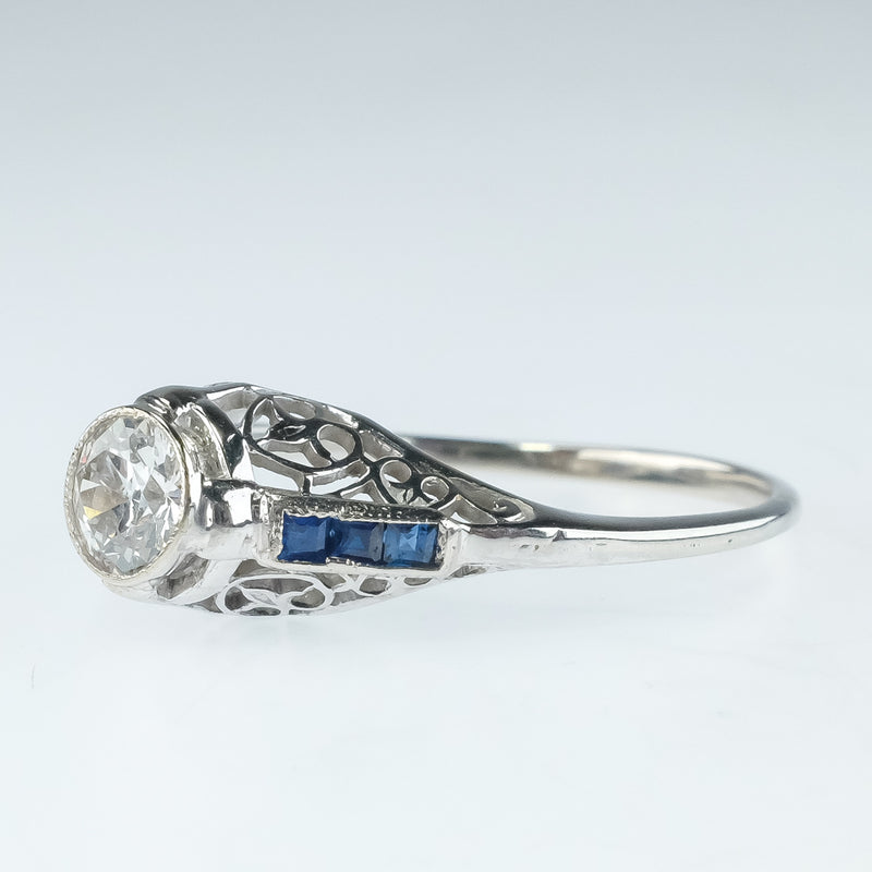 950 Platinum 0.50ct Diamond Solitaire with Blue Sapphire Accents Ring Size 9