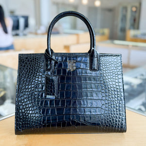 Burberry Crocodile-Embossed Calfskin Small Frances Tote Bag Black Gold