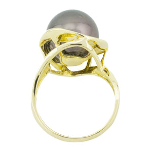 12mm Black Pearl Solitaire Ring in14K Yellow Gold - Size 7