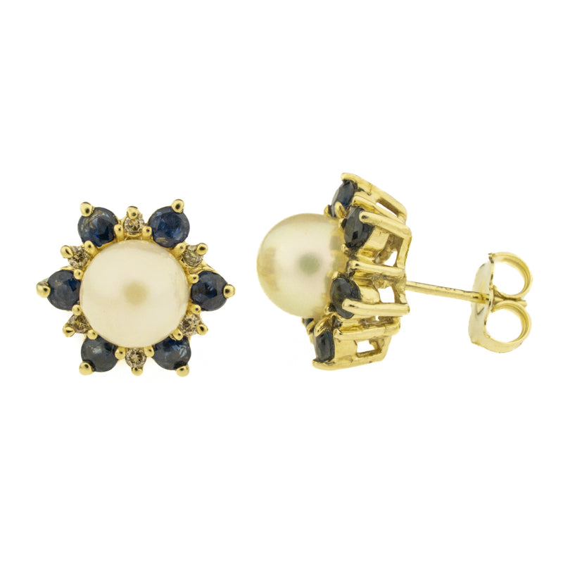 6.7mm Pearl, Sapphire and Diamond Accented Gold Earrings in 10K Yellow Gold