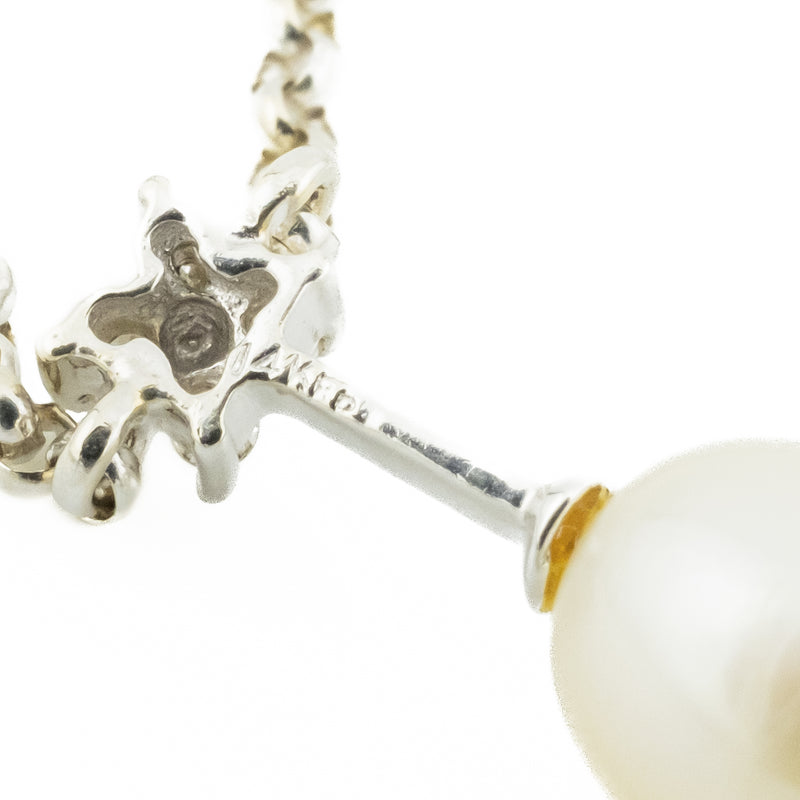 Pearls and Diamond Drop Pendant with 16" Chain in 14K White Gold - 4.7 Grams
