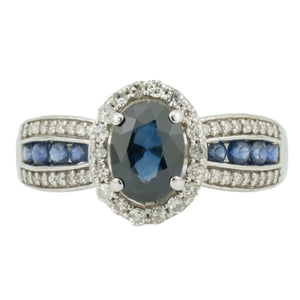0.75ctw Oval Sapphire with Sapphire and Diamond Accents Ring in 10K White Gold - Size 7