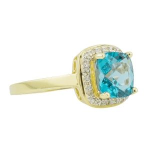 2.3ctw Cushion Blue Topaz w/ Diamond Accents Ring in 14K Yellow Gold - Size 8.25