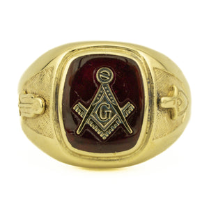 Synthetic Ruby Masonic Gold Ring in 10K Yellow Gold - Size 10