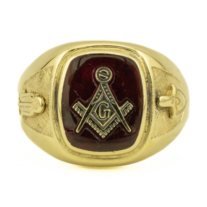 Synthetic Ruby Masonic Gold Ring in 10K Yellow Gold - Size 10