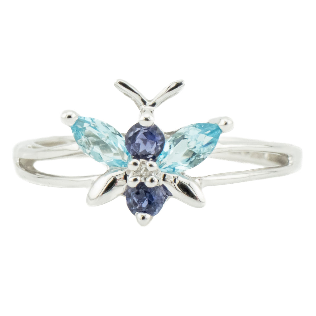 Aquamarine, Amethyst & Diamond Butterfly Gemstone Ring in 14K White Gold - Size 7
