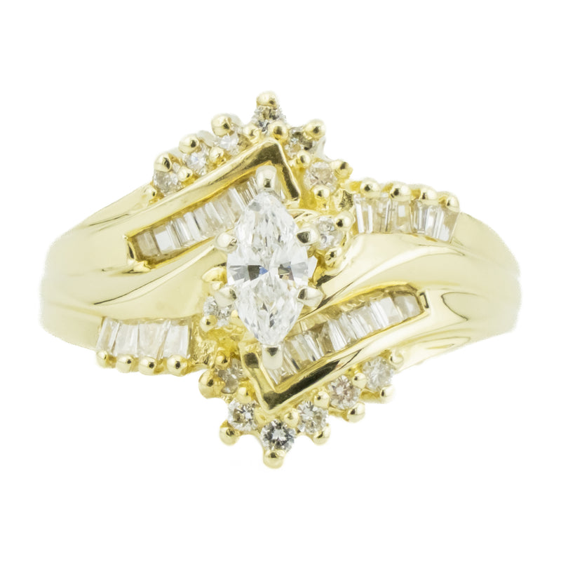 0.85ctw Marquise, Round, & Baguette Cluster Diamond Ring in 14K Yellow Gold - Size 5