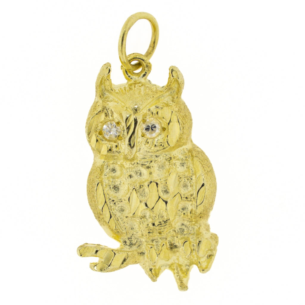 Diamond Accented Owl Pendant Charm in 14K Yellow Gold